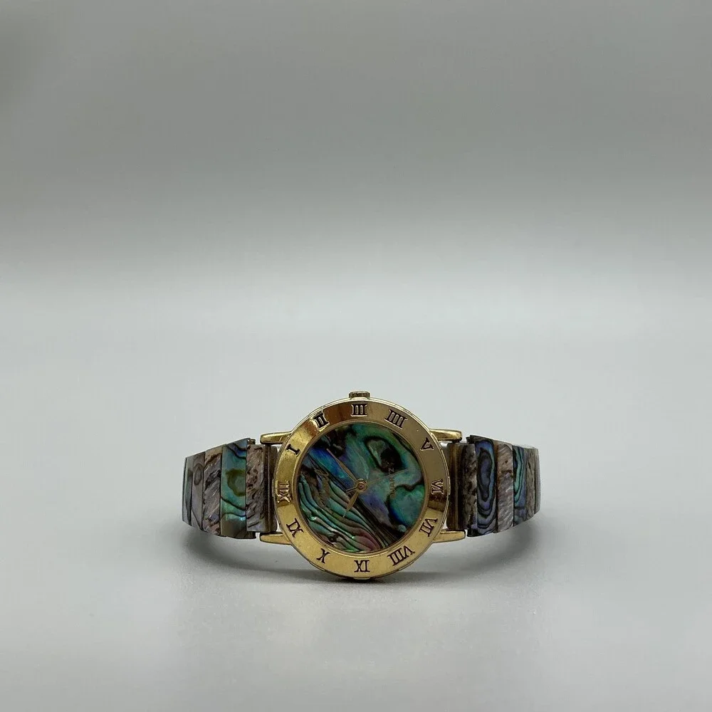Vintage Pearl Womens Watch 24mm Abalone Dial Gold Tone Stretch Band New Battery